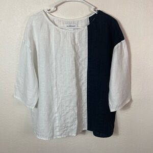 peck&peck‎ Color Block Linen Short Sleeve Blouse size L Black White Boxy